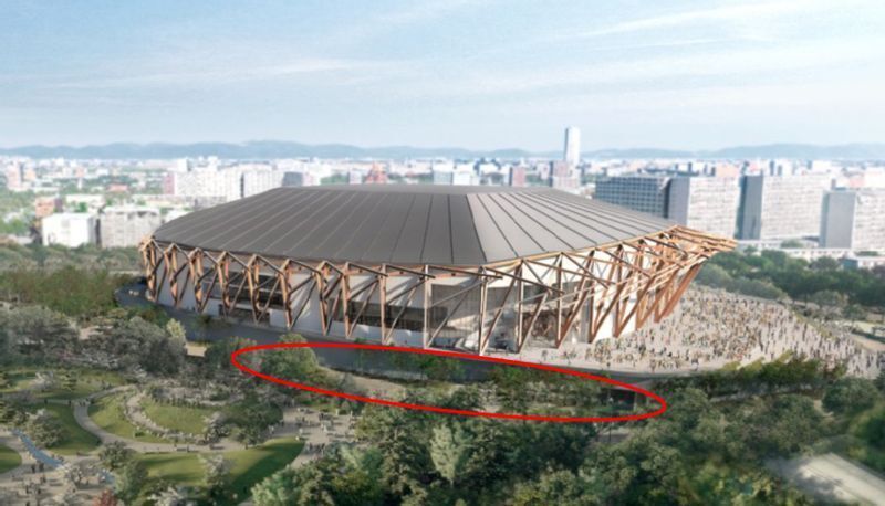 前田建設工業・NTTドコモグループの案では南側がむしろ閉じられ(赤丸)、大通りのある南東角を一般のメインアプローチとした上で大階段を設計した(愛知国際アリーナの公式サイト画像に筆者加筆)
