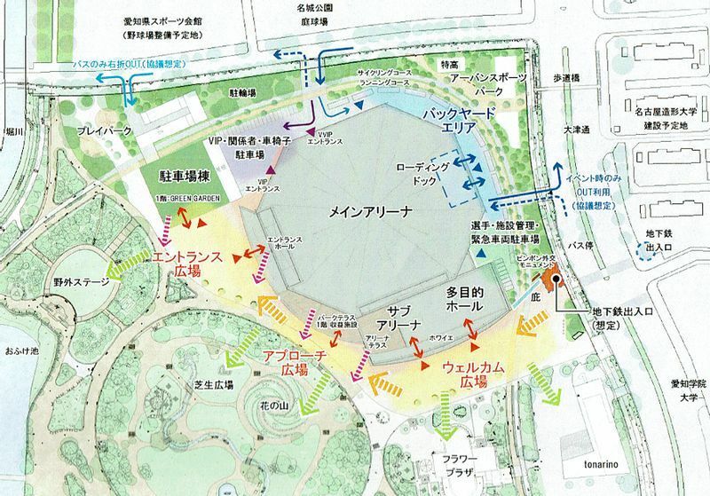 次点案の配置図。南側の公園の広場などとの連続性が強調されている一方、VIPエントランスやバックヤードは北側に配置されている（筆者入手の資料から）