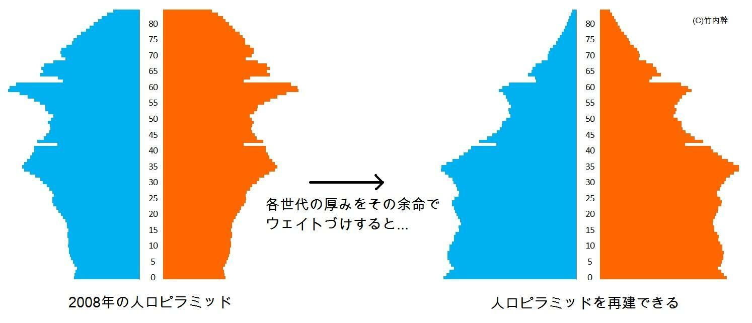 若い人の票や人口を余命の長さで加重してやると人口ピラミッドが再建できる。