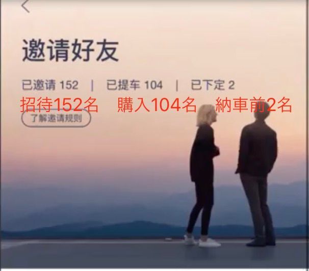 先述のユーザの友達招待画面。今までで招待152人、購入・納車済104人、購入・納車待ち2人と表示(出典:弊社実施のユーザインタビューで画面共有いただいたものをスクリーンショット・赤字は筆者加筆)