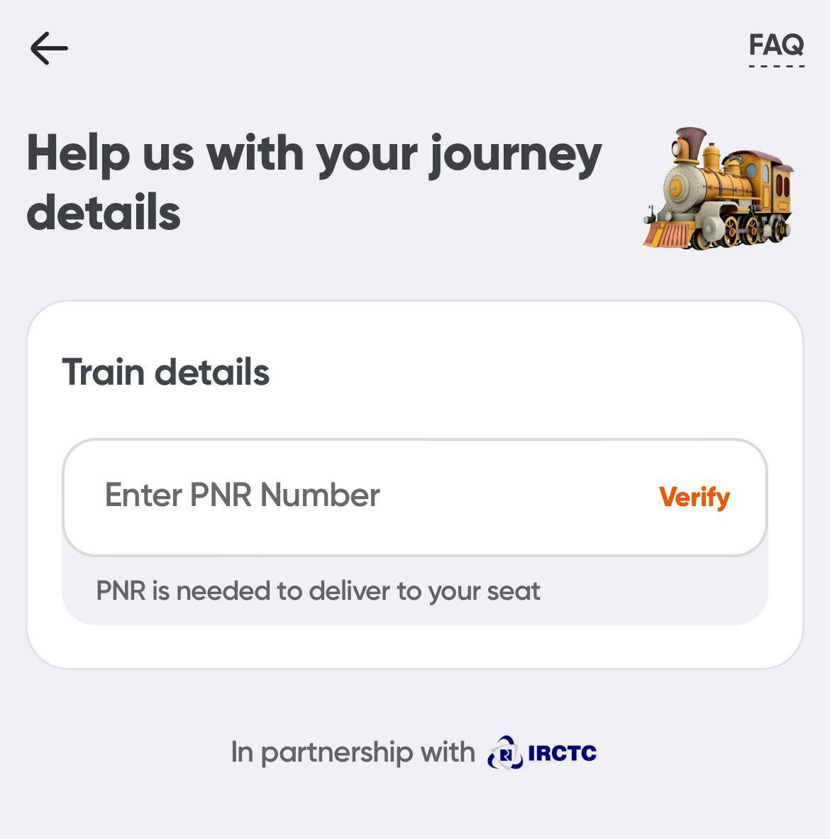 出典：筆者のSwiggyアプリのスクリーンショット。予約番号（PNRナンバー）を入力すると注文することができる