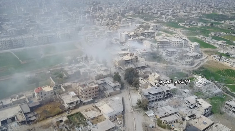 シリア政府軍のドローンカメラが撮影した東グータの様子（シリア国防省映像）
