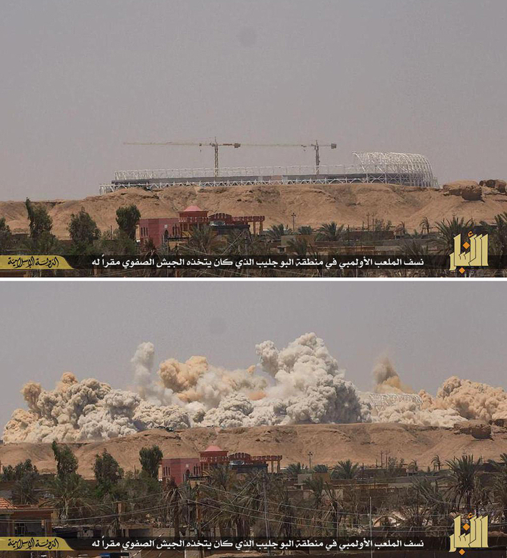 2015年、ISはイラク・アンバルで完成間近のスタジアムを爆破。イラク軍が拠点に使うのを妨害する意図があったとみられる。（2015年7月・IS写真）