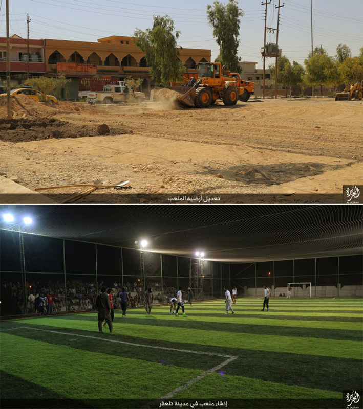 イラク・タラファルでは、2015年にIS行政部門が小規模のサッカー場を新設した様子を伝えている。（2015年・IS写真）