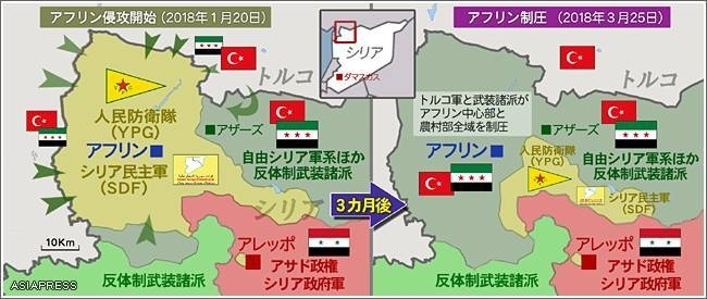 香川県ほどの面積のアフリンはシリア内戦初期にクルド・人民防衛隊（YPG）が影響下に。トルコは「クルド・テロ組織の出撃拠点」とし、武装諸派を支援したトルコ軍とともに侵攻開始。（地図・アジアプレス）