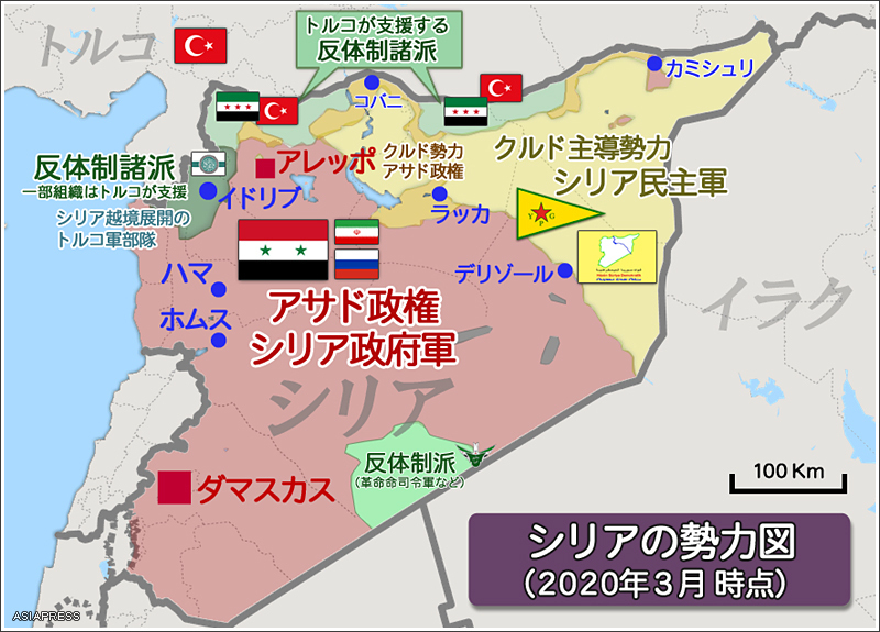 3月時点のシリアの勢力図。（地図作成：坂本卓）