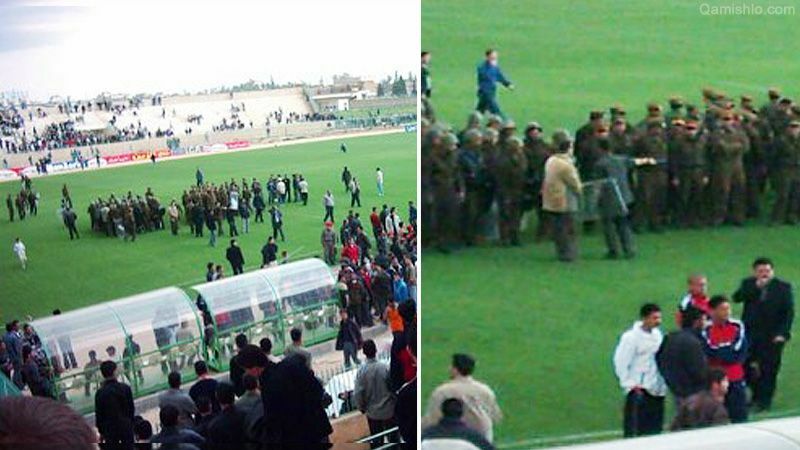 2004年、カミシュリでのサッカー場での地元クルド人と、デリゾールのアラブ人の衝突が発端となってクルド人の反政府暴動に発展。（2004年カミシュリ・市民メディア写真）