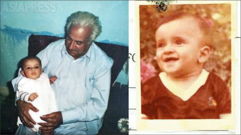 左はカブールで祖父に抱かれるナジールさん。1歳半のとき両親とともに日本へ逃れた。右は1982年、日本へ出国する際、ビザ書類に添付された写真。このとき1歳。（ナジールさん提供）