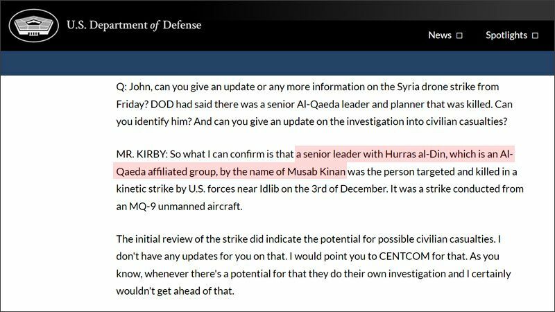米国防総省のカービー報道官は、昨年12月３日のドローン攻撃について「死亡したのはアルカイダ関連組織フッラース・アル・ディンの幹部ムサブ・キナン」とした。だが実際は幹部ではなく、すでに組織から離れていた20歳の青年だった。（画像は米国防総省サイト・赤枠部分は筆者）