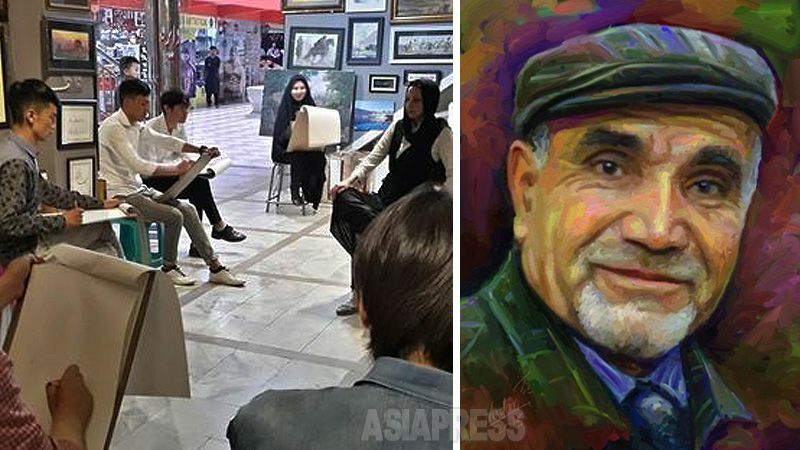 モハンマドさんは、カブールで美術講師として芸術家志望の学生らに絵画を指導していた（写真：2019年）。タリバンが政権を掌握し、美術研究所は閉鎖。右はモハンマドさんの作品。（写真はいずれも本人提供）