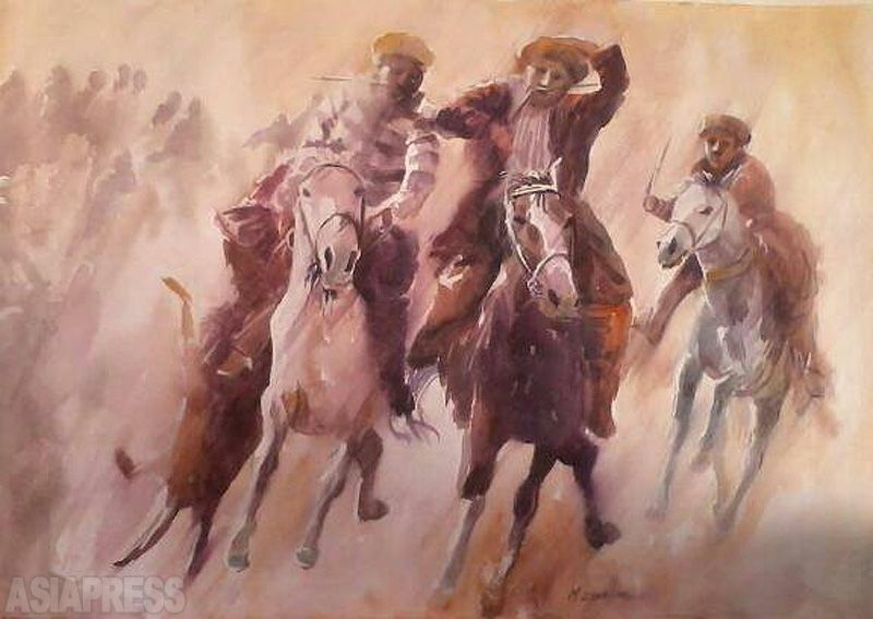 馬を駆る男たちを描いたモハンマドさんの作品は、旧政権の大統領宮殿に収められた。タリバン政権になって以降、作品の行方はわからないという。（写真：本人提供）