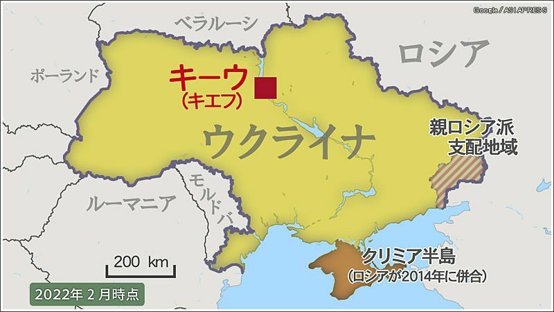 2022年2月のロシア軍侵攻前のウクライナ。ロジさんはキーウからポーランド経由でドイツにいる親戚のもとに逃れた。（地図：アジアプレス）