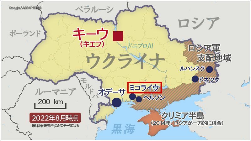 ミコライウ北東地帯を取材した際の８月時点の状況。取材したウクライナ軍拠点はミコライウとヘルソンにまたがる農村地帯。ヘルソンはロシア軍の支配下にある。（地図作成：アジアプレス）