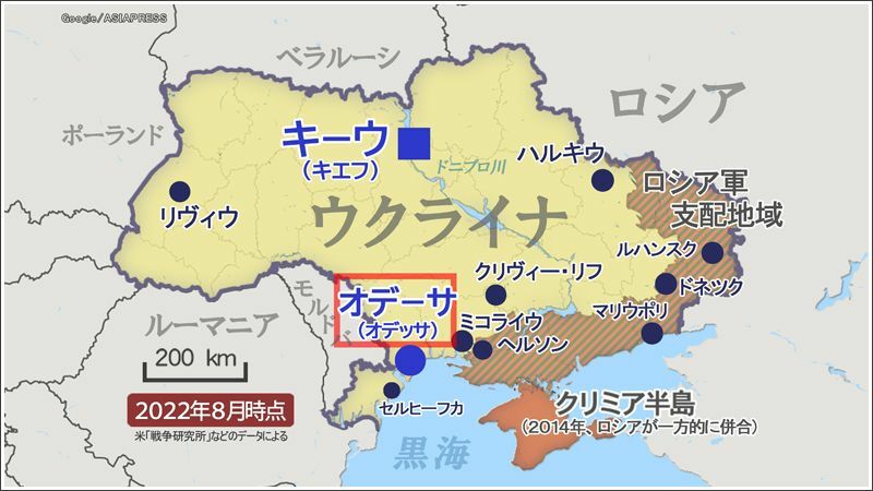 市民防衛隊を取材したウクライナ南部オデーサ。ロシア軍が侵攻した昨年２月は、オデーサでも市内への侵攻を想定して、臨戦態勢だった。地図は、取材時の昨夏時点の状況。（地図作成：アジアプレス）