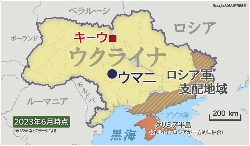 ウクライナ中央部に位置するウマニ。（地図作成：アジアプレス）