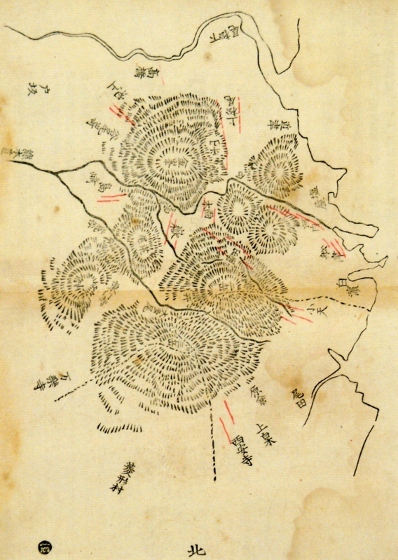 「熊本明治震災日記」の挿入図「熊本全概略図」。地割れ発生箇所が赤線で示されている