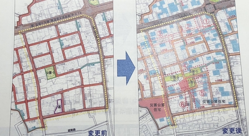 当初案（左）から道路の場所などが大きく変わった変更案（益城復興事務所提供）