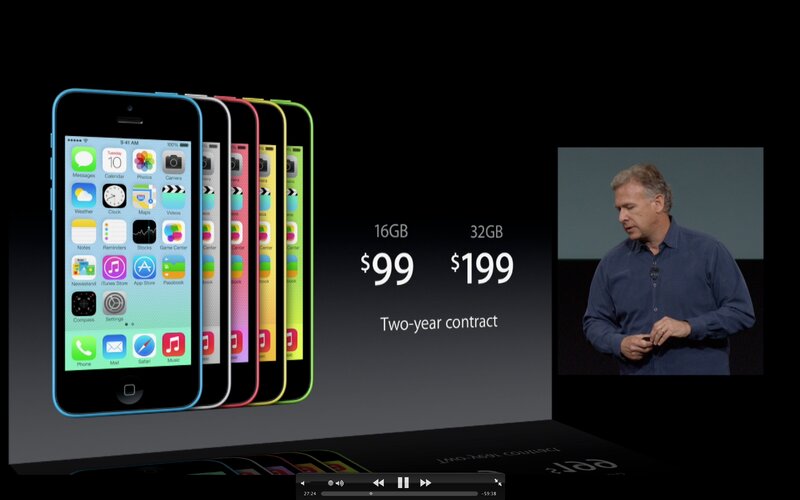 iPhone 5cはiPhone 5と同等の性能で、カラフルな外装とした。