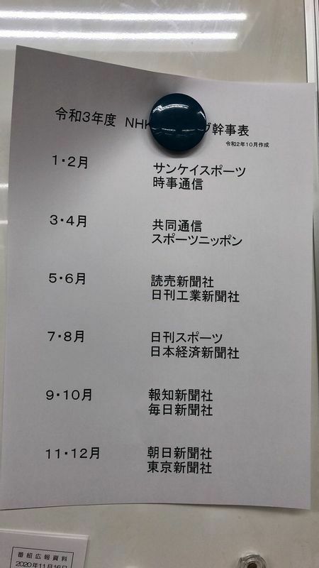 記者クラブの幹事表（NHK内部協力者の提供）