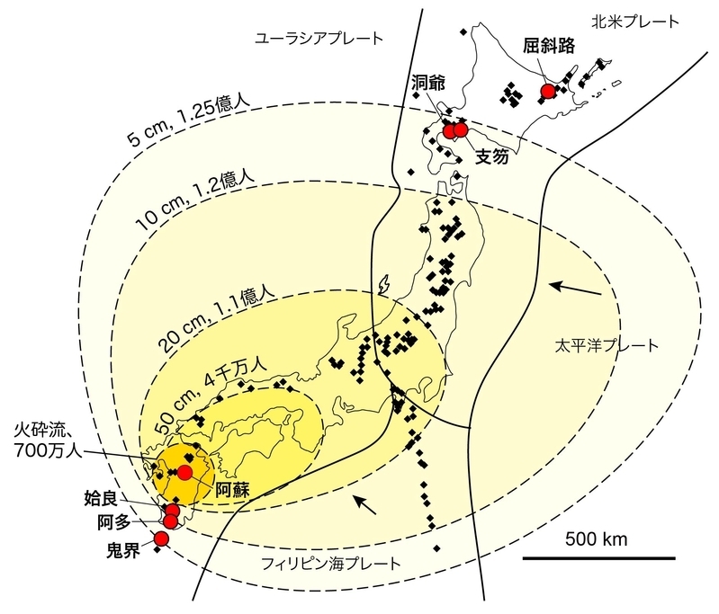 巨大カルデラ噴火による火砕流、降灰の予想とその範囲の人口。赤丸、巨大カルデラ火山；黒印、火山