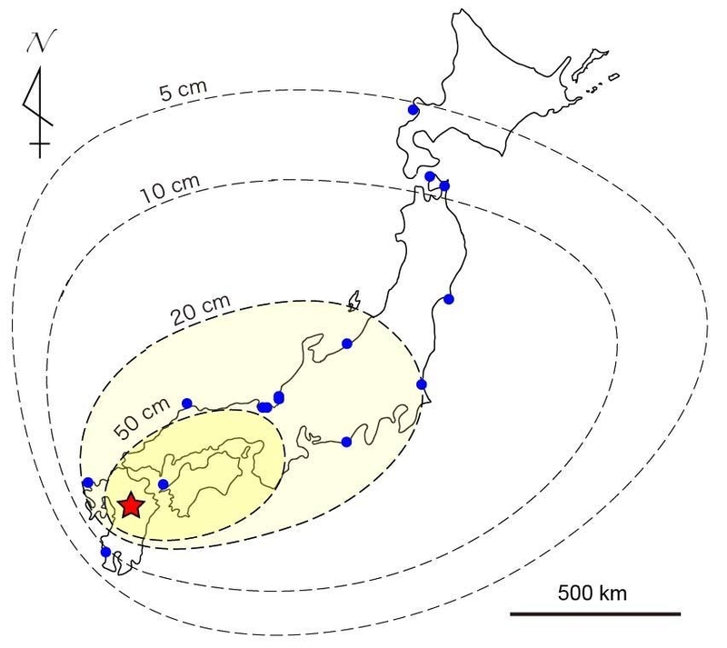 図２　九州で巨大カルデラ噴火が起きた場合に想定される火山灰の分布と厚さ（著者作成）。青丸は原子力発電所。