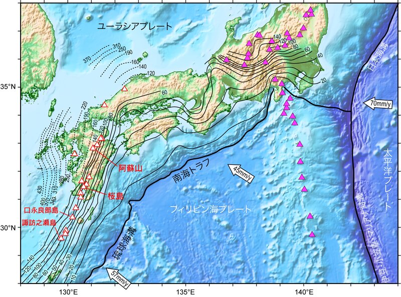 現在活動的な火山（赤字）、フィリピン海プレートの沈み込み（等深線をkm単位で表示）で形成される西日本の活火山（白三角）、太平洋プレートによって形成される東日本の活火山（ピンク三角）の分布（巽原図）