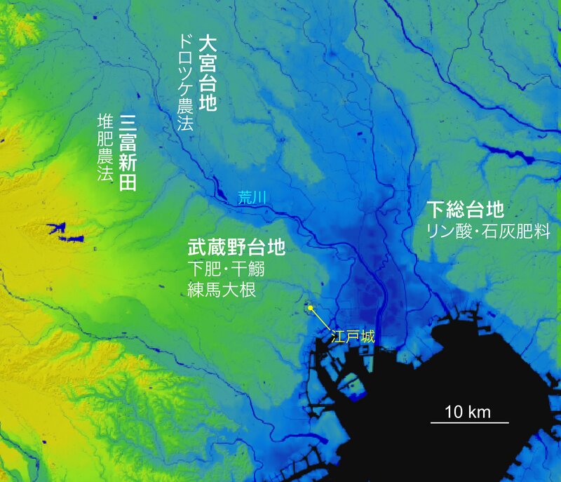 図　江戸・東京周辺の関東ローム層が覆う台地で行われてきた土壌改良（国土地理院デジタル地形図を基に著者作成）