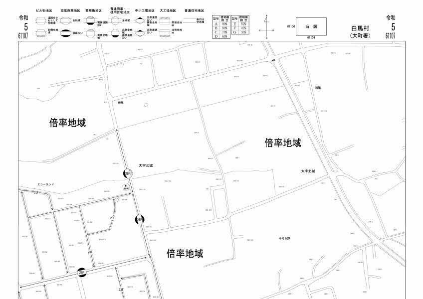 同じ範囲の令和5年の相続税路線価(出典:同)。「基5-2」斜め上の丸の数字(平米あたりの相続税評価上の各種補正前土地価格)は令和5年は26(26,000円)が令和6年は36(36,000円)と急上昇。