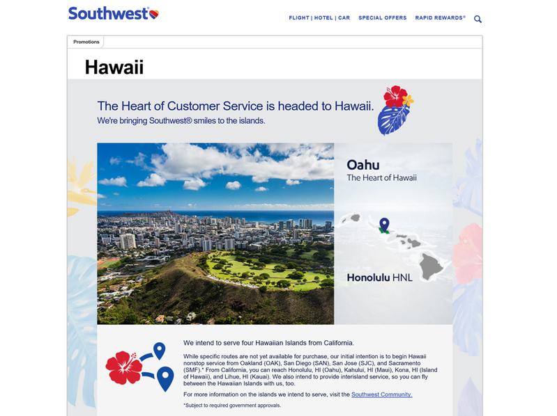 サウスウエスト航空はハワイ特設サイトを開設した（同社特設サイトより）