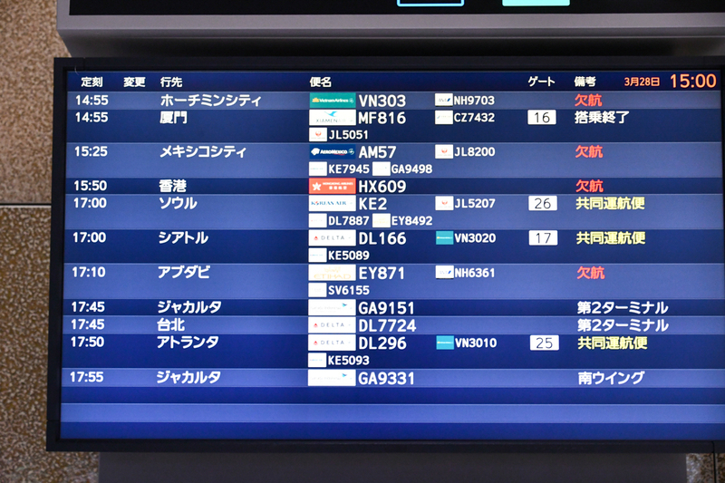 成田空港の出発案内版。デルタ航空の出発便案内も最後となった