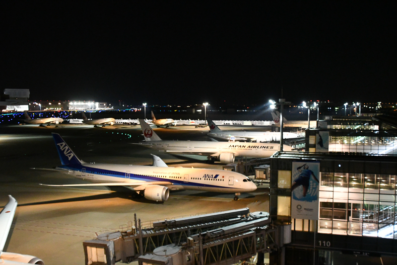 羽田空港第3ターミナルに駐機するANA機とJAL機（4月4日、午後10時30分頃撮影）