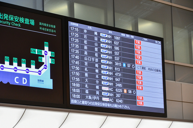 4月17日時点でも既に多くの国内線が欠航し、羽田空港の出発案内板には「欠航」表示が目立っていた（4月17日午後、筆者撮影）