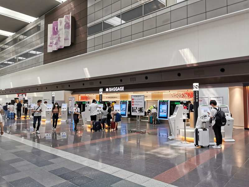 羽田空港第1ターミナルのJALチェックインカウンター（8月8日、筆者撮影）