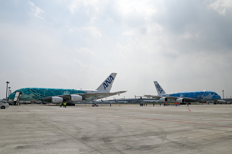 現在、2機のエアバスA380型機をANAは保有している（筆者撮影、写真左が2号機、右が初号機）