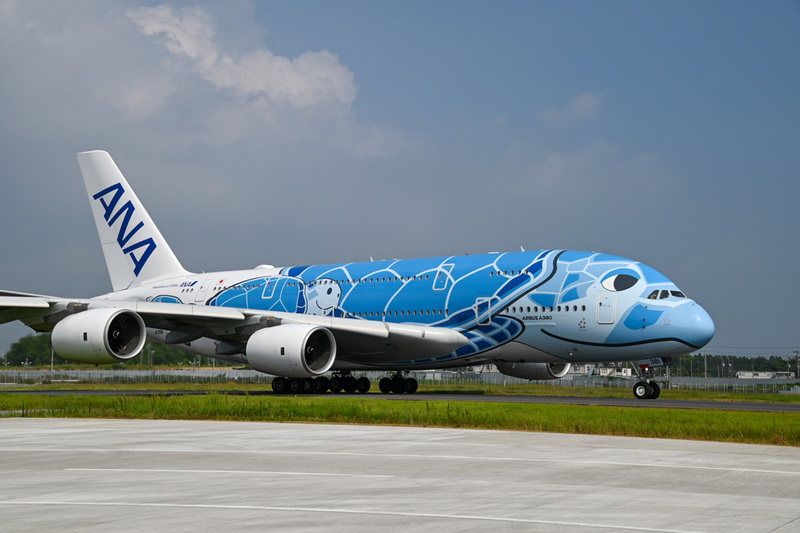 滑走路へ向かうANAのエアバスA380型機「FLYING HONU」の初号機（8月22日、筆者撮影）