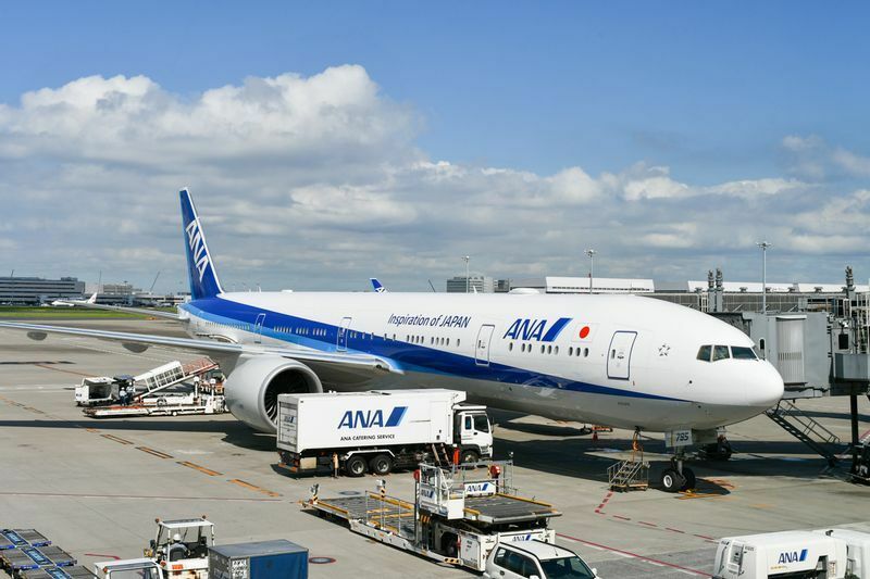 ANAのボーイング777-300ER型機。コロナ禍に入り、乗客を乗せずに貨物のみの便も多く運航されている（2019年、羽田空港にて筆者撮影）