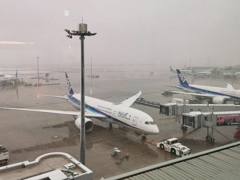 降雪に伴い、機体に雪が付着し始めている羽田空港（1月6日15時10分頃、筆者撮影）
