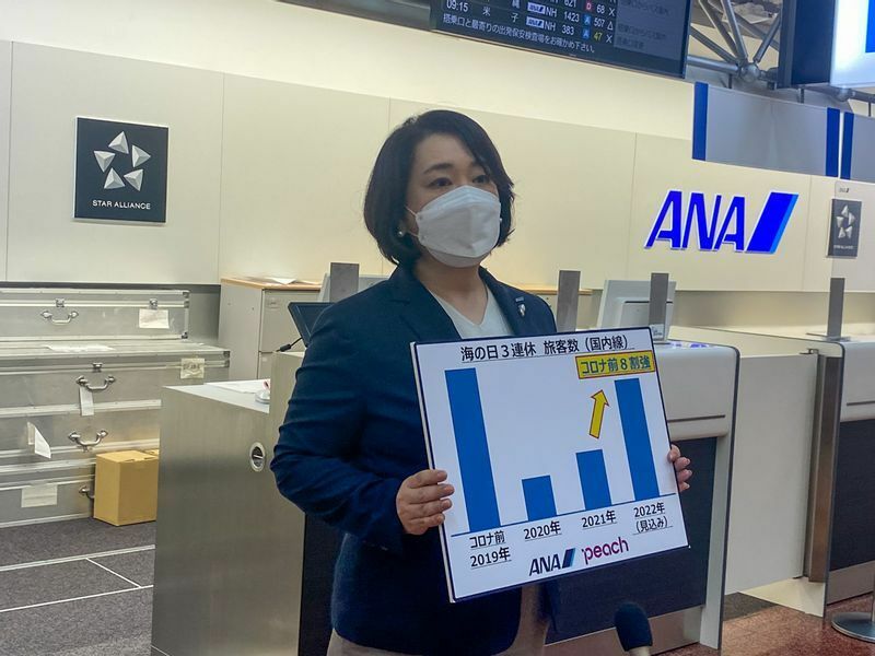 コロナ前の8割強の予約が入っていることを説明するANAの小山田亜希子東京空港支店長（7月16日、筆者撮影）