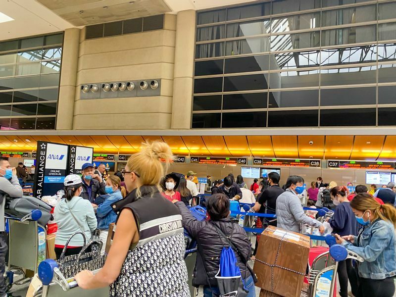今年4月のロサンゼルス空港ANAチェックインカウンター。筆者が利用したロサンゼルス→成田便では9割近くが日本で入国せずにアジアなどへ向かう外国人の乗り継ぎ客だった。
