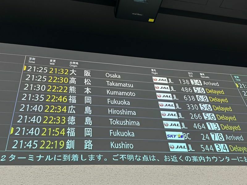 同じく2月19日22時頃の羽田空港第1ターミナルの到着案内版。ほとんどの便が1時間前後の遅れになっていた（筆者撮影）