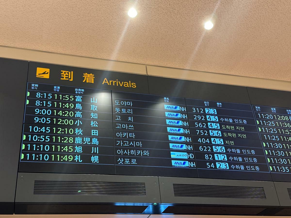 Uターンラッシュのピーク日であることから各便満席で羽田空港に到着している。遅延便も目立っている（羽田空港第2ターミナルのANA到着ロビーにて1月3日11時55分、筆者撮影）