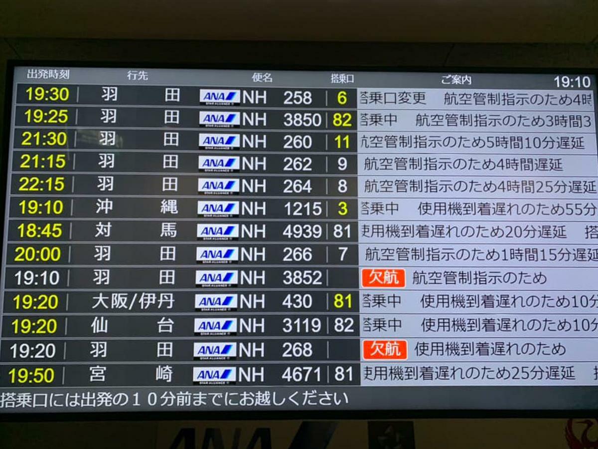 昨日の福岡空港でのANA発着案内版。写真は19時過ぎであるが、22時過ぎに遅延予定だった便が運用時間の問題で直前欠航となった（1月3日、筆者関係者撮影）