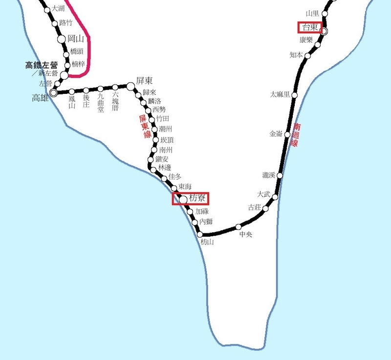 台湾鉄道路線図。普快車が走るのは南部の枋寮－台東間（拡大図）　提供：台湾鉄路管理局