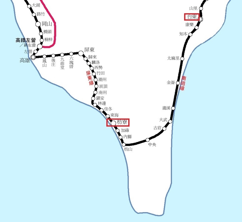 台湾鉄道路線図。普快車が走るのは南部の枋寮-台東間(拡大図) 提供:台湾鉄路管理局