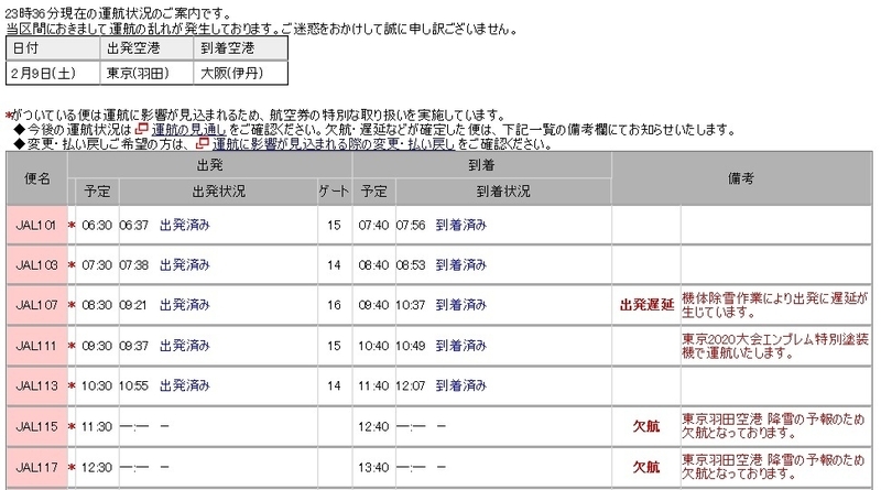 JALのホームページで見る羽田ー伊丹の運航状況。朝のうちは飛んでいますが、お昼前の便に「予報」段階での計画欠航が見られます。