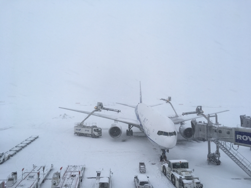 大雪の新千歳空港で出発前に機体の除雪作業をするANA機　（筆者撮影）