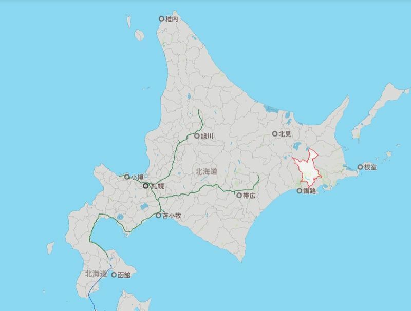 北海道標茶町の位置（赤枠のところ）　Yahoo地図より