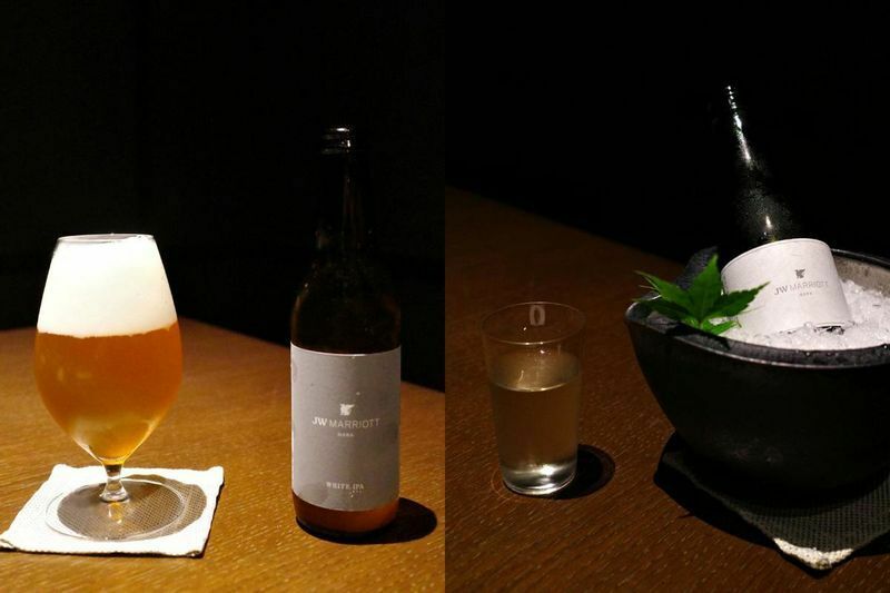 左は「JWマリオット・ホテル奈良 オリジナルクラフトビール ホワイトIPA」、右は「豊祝 JWマリオット・ホテル奈良 オリジナルラベル 純米冷酒」 (C) 東龍