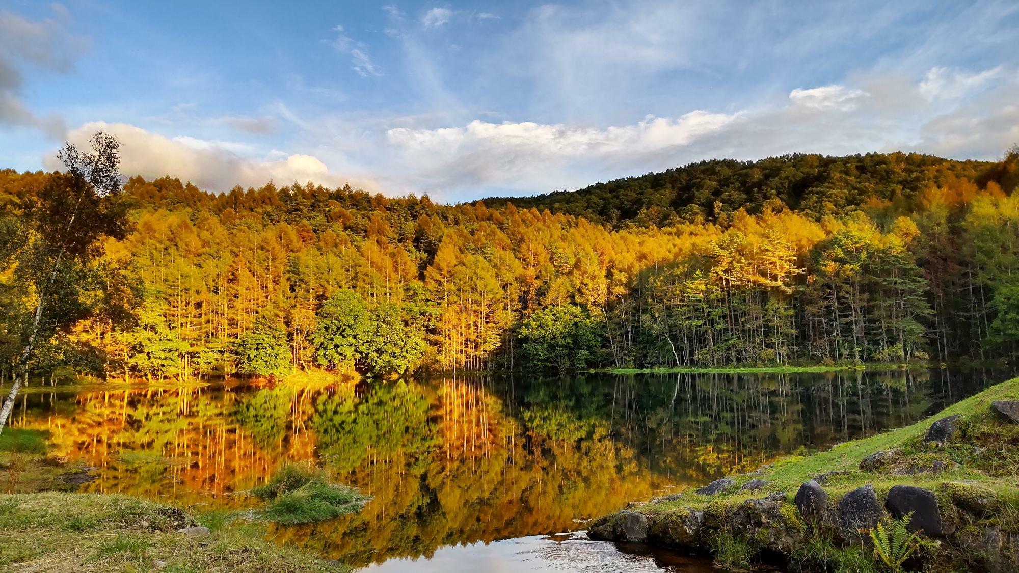 蓼科高原へツーリングした際に撮影。「湖面に映る紅葉が綺麗だったので。初夏の新緑、晩秋の紅葉などの風景が好きです」（本人提供）