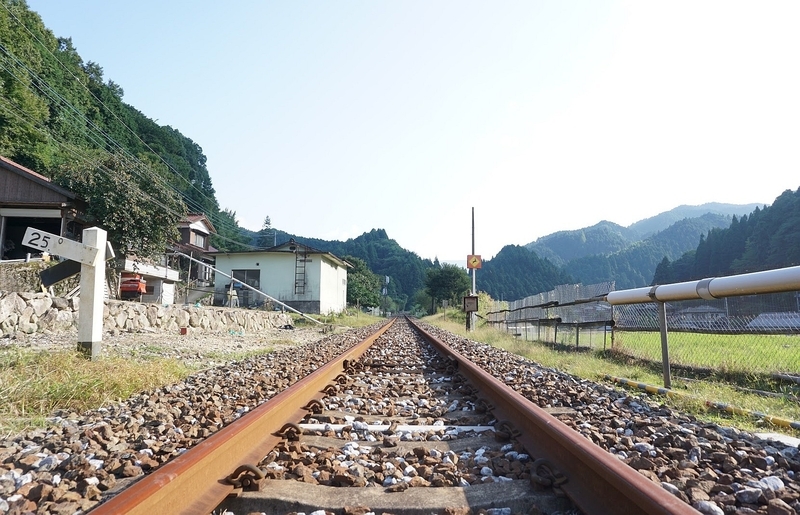 彦山駅南側の線路。左にある勾配標は２５パーミルの勾配を示す。鉄道としては急勾配